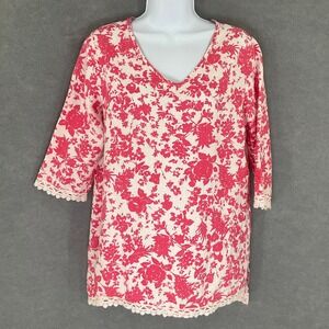 Elena Baldi Top Linen Floral Womens Sz M‎ 3/4 Sleeve Coastal Lace Trim Italy